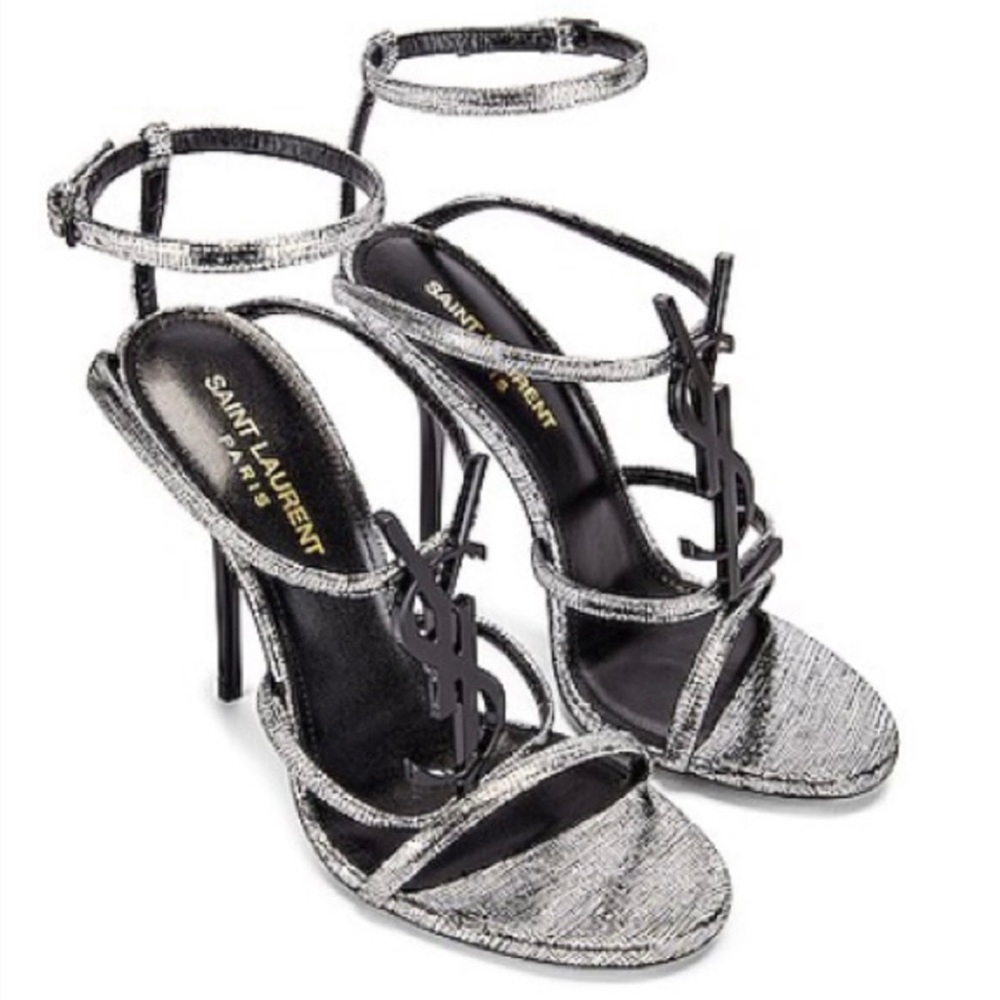 Saint Laurent Cassandra Heels in Metallic Silver Cracked Metal Leather